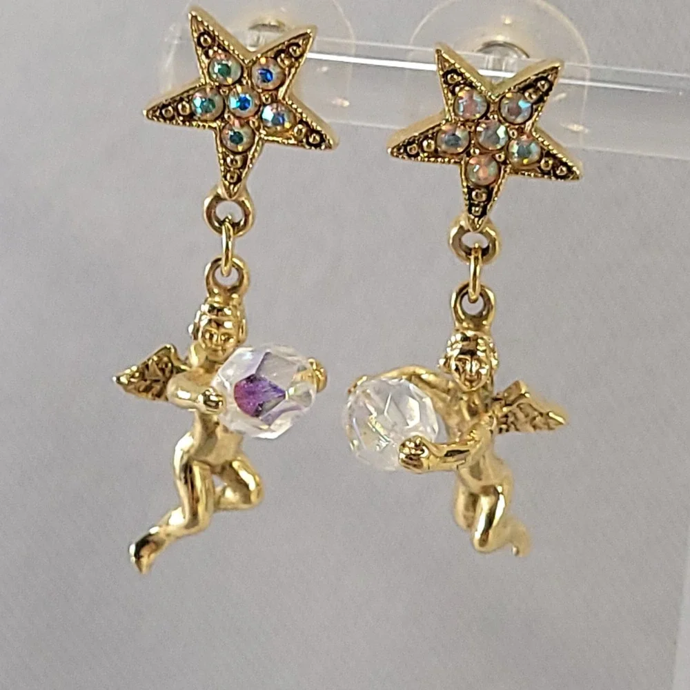Kirks Folly Cherub Star Earrings Women Gold Tone Crystal Angel Drop Whimsical